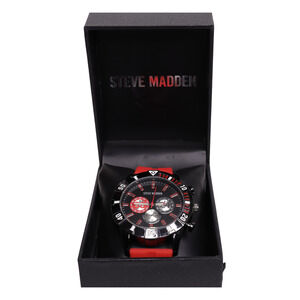 Steve Madden Men's Watch With Black Dial And Red Silicone Band In Box